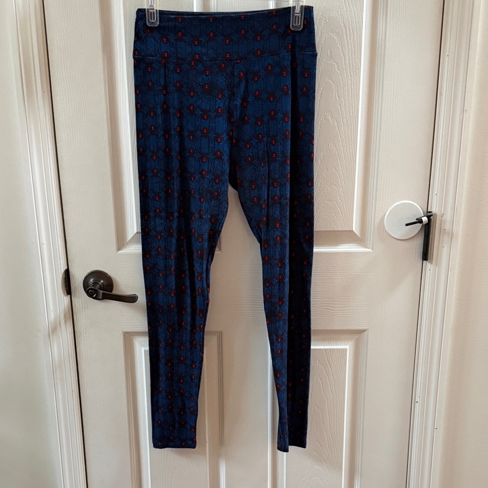 LuLaRoe dark blue leggings with black widow spiders web pattern.